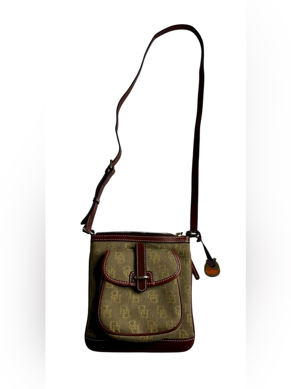 Dooney & Bourke Y2K Signature Monogram Letter Carrier Crossbody Brown Trim EUC